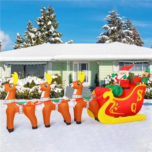 12 Ft Christmas Inflatable Reindeer cart Outdoor Decorations Blow Up Yard Three